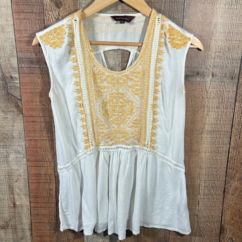 Anthropologie Ranna Gill Tilestitch Tunic White Yellow Embroidered Blouse Size 2